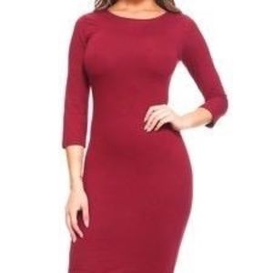 3/4 Sleeve Midi Bodycon Dress - Burgundy